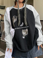Cat Print Raglan Fleece Oversized Hoodie
