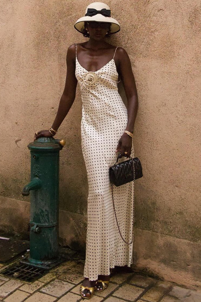 Polka Dot Spaghetti Strap Floral Rosette Slip Maxi Dress