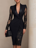 Sophisticated Black Blazer-Style Lace Midi Dress