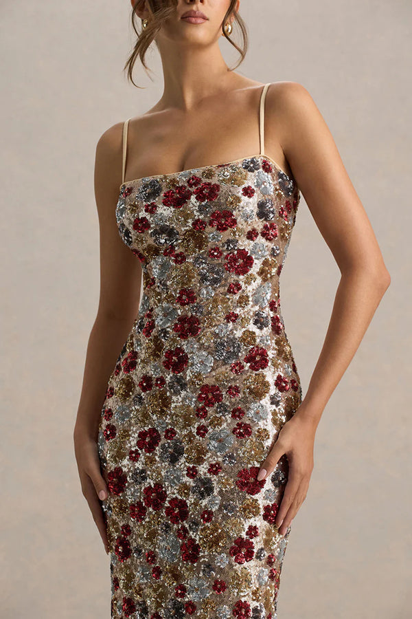 The Center of Attention Floral Print Sequin Square Neck Slip Stretch Maxi Dress
