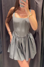 Velvet Square Neck Corset Seam Gathered Fit and Flare Mini Dress