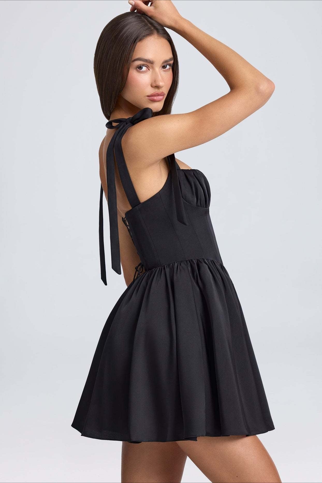Square Neck Bow Tie Strap Corset Basque Waist Flared Mini Dress