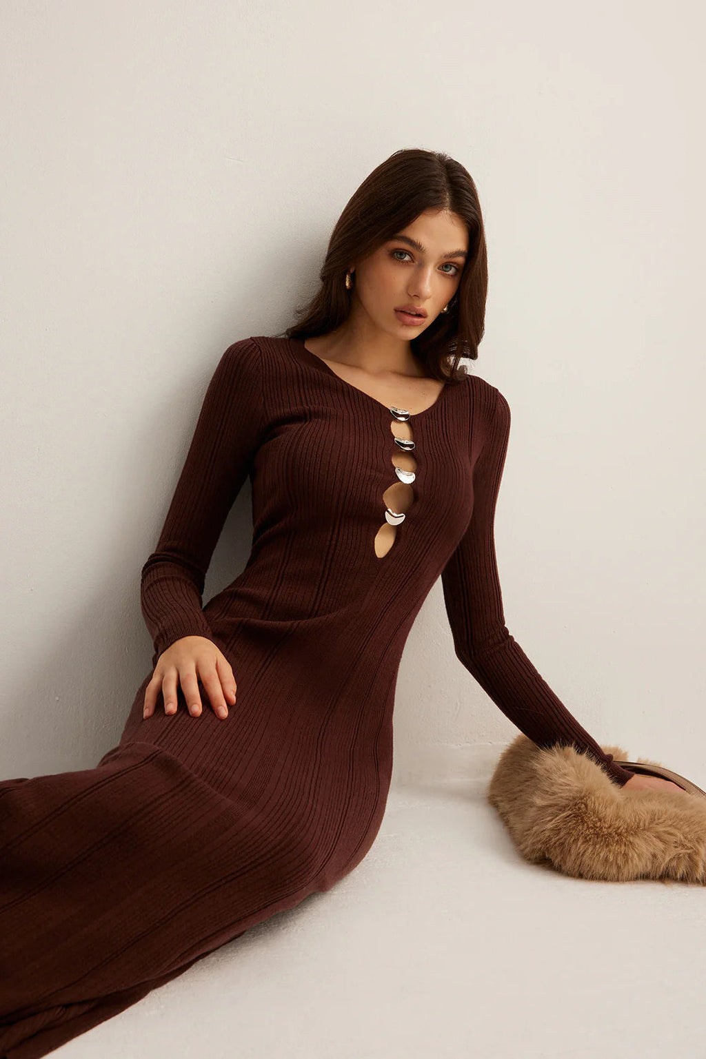 Brown Ribbed Knit Bodycon Dress