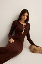 Brown Ribbed Knit Bodycon Dress