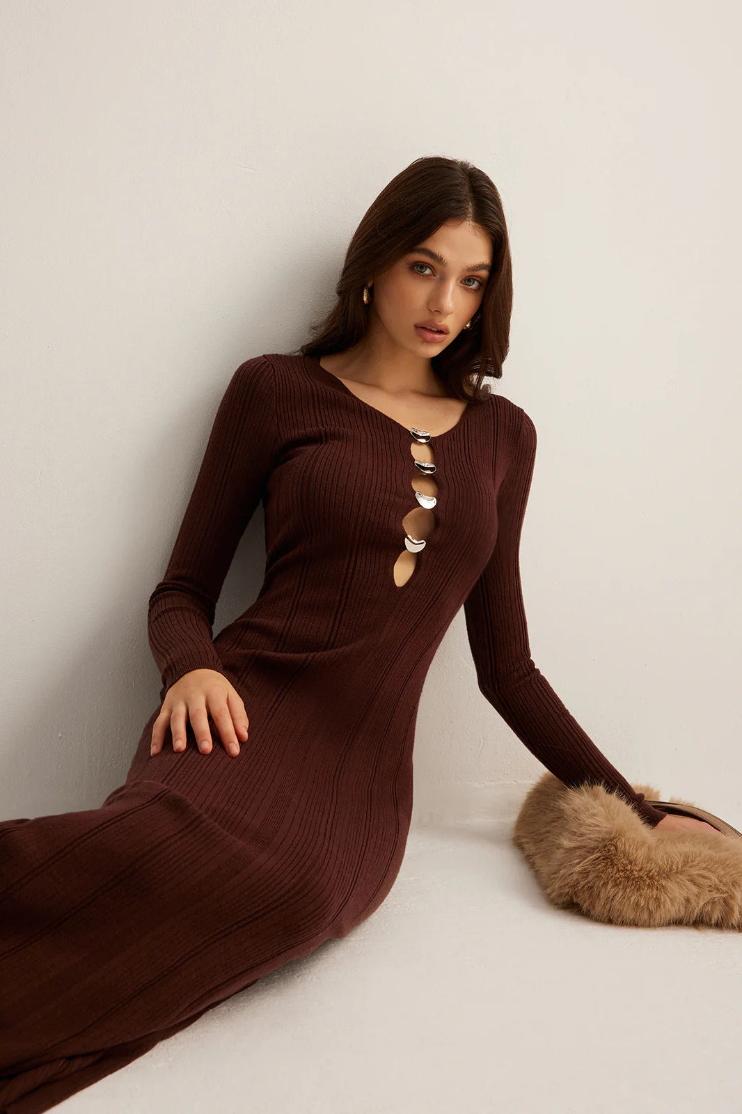 Brown Ribbed Knit Bodycon Dress