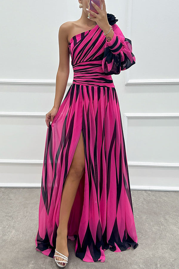 Geometric Stripe Print One Shoulder Lantern Sleeve Pleated High Split Maxi Gown