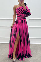 Geometric Stripe Print One Shoulder Lantern Sleeve Pleated High Split Maxi Gown
