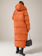 Long Puffer Coats Orange Hooded Winter Full Length Coat For Women