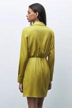 Satin Collared Wrap Deep V-Neck Long Sleeve Ruched Mini Dress