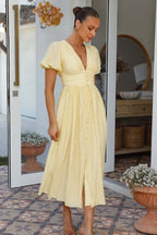 Solid V Neck Puff Sleeve Flared Midi Dress