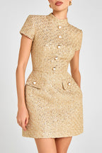Gold Standard Tweed Fabric Pearl Button Short Sleeve Pocketed Mini Dress