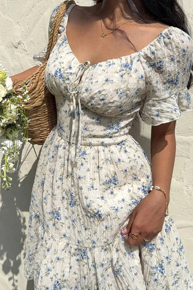 Floral Puff Sleeve Smocked Waist Sweetheart Tie Summer Mini Dress