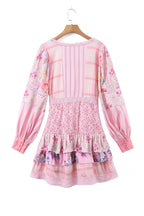 Patchwork Floral Long Sleeve Lace Trim Tiered Ruffle Mini Dress