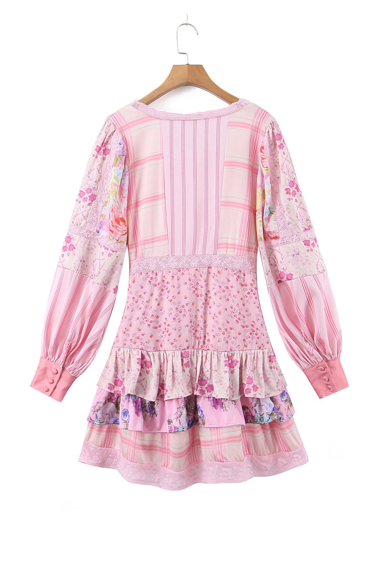 Patchwork Floral Long Sleeve Lace Trim Tiered Ruffle Mini Dress