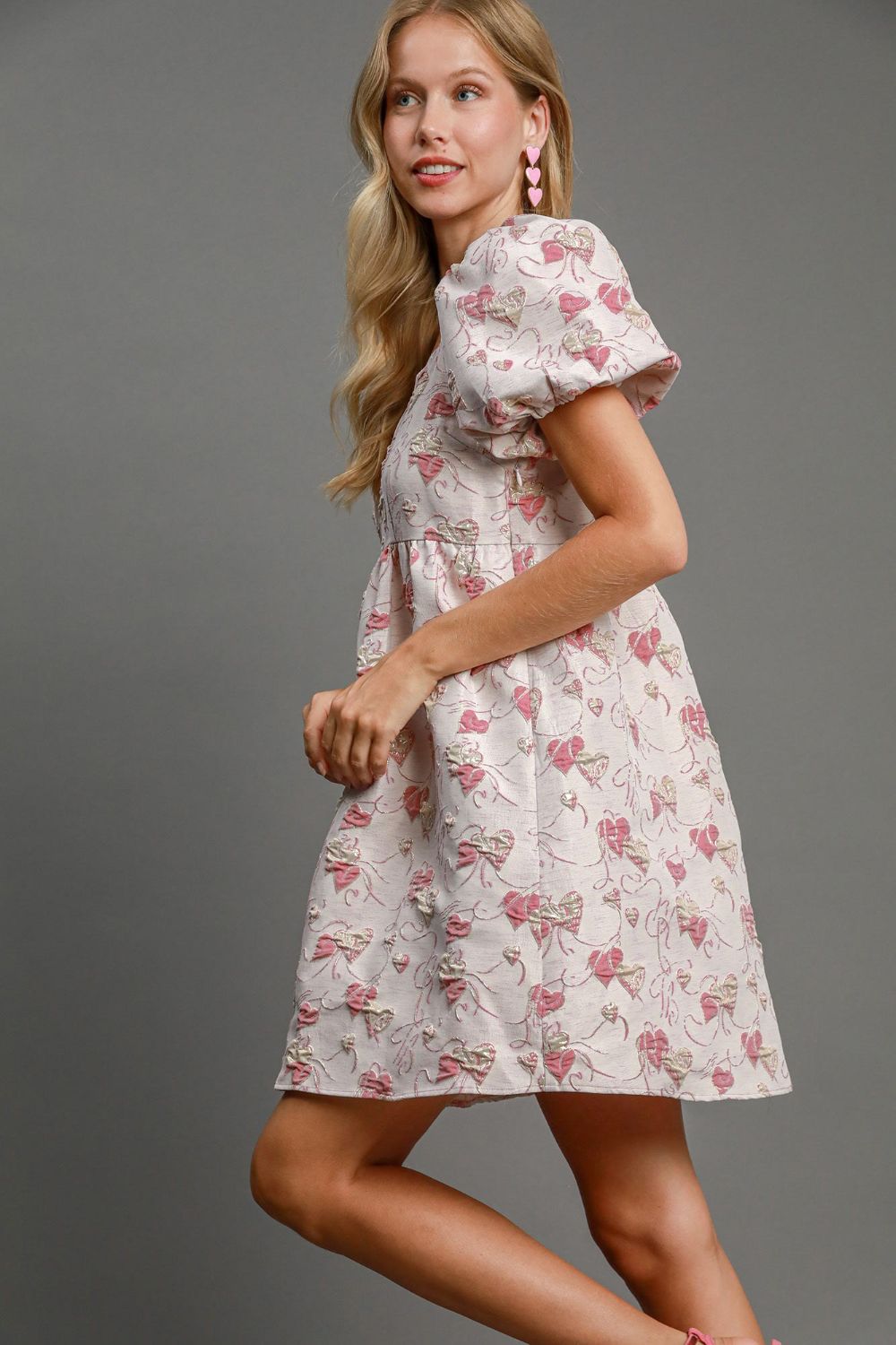 Ella Boutique Heart Jacquard Mini Dress with Square Neckline and Puff Sleeves Designer Edit