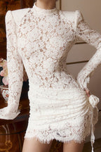 White Mock Neck Padded Shoulder Floral Lace Ruched Bodycon Mini Dress