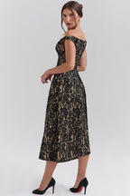 Off Shoulder Floral Lace Overlap Panel Fit and Flare Midi Dress