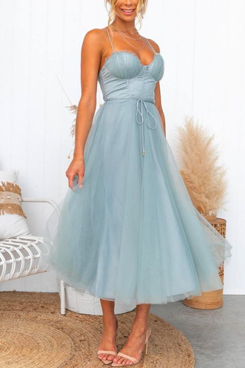 Adjustable Spaghetti Strap Backless Mesh Maxi Party Dress