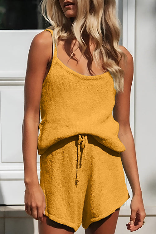 Solid U Neck Cami Top Drawstring Waist Shorts Knit Set