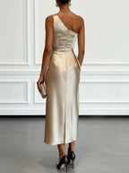Satin Pleated One Shoulder Grace Formal Dress Maxi Dresses