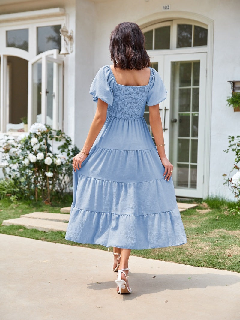 Square Neck, Backless, Puff Sleeve, Pleated Short-sleeved Long Dress