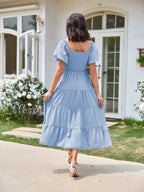 Square Neck, Backless, Puff Sleeve, Pleated Short-sleeved Long Dress