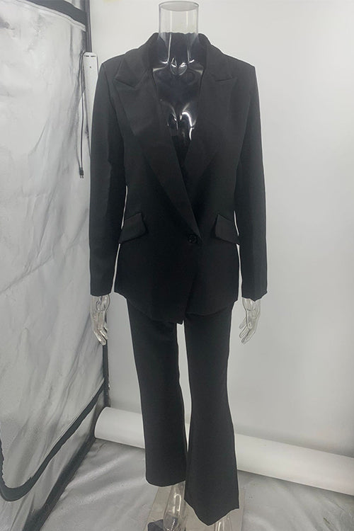 One Button Pocketed Blazer and Straight Leg Pants Power Suit Set