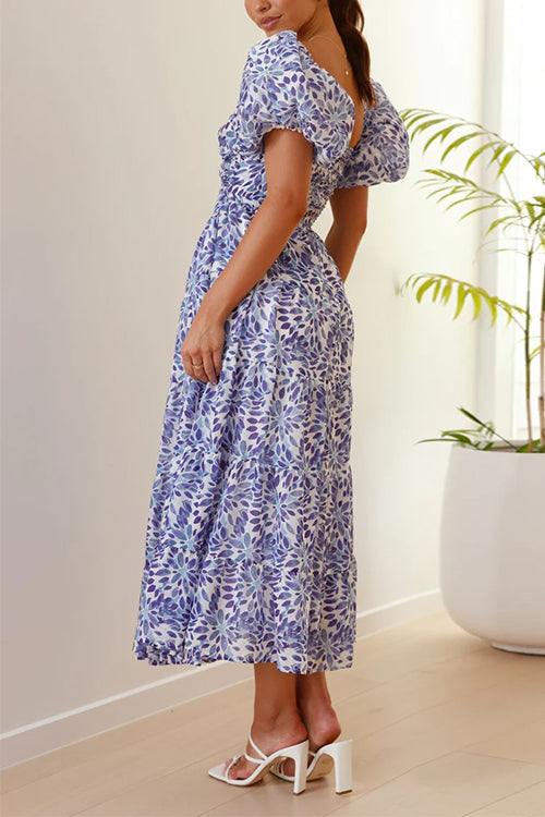 V Neck Twist Front Cut Out Waisted Floral Maxi Ruffle Dress