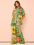 Printed Vacation Long-sleeved Shirt Pants Wide Leg Set 2-piece Sets