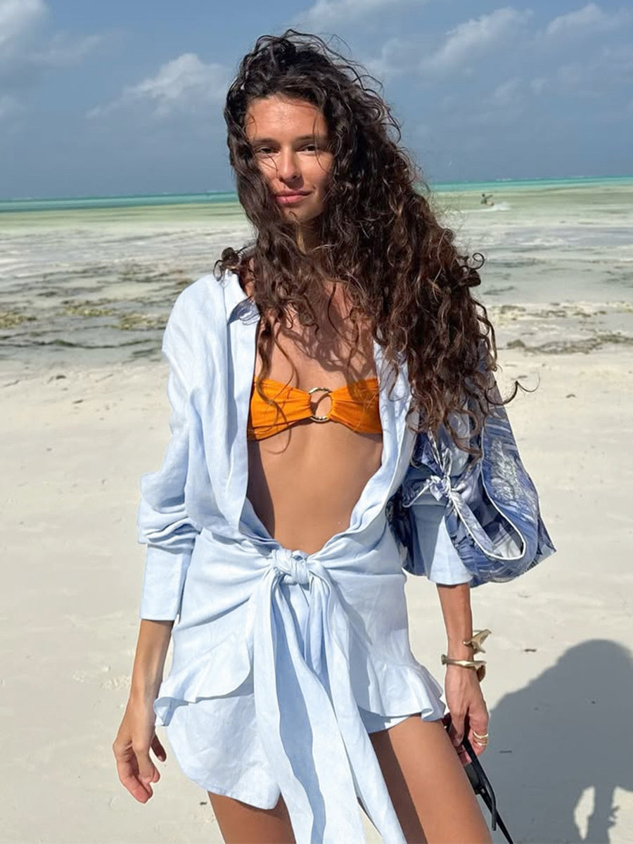 Pure Cotton Lapel Hip-hugging Shirts Mini&Short Dresses