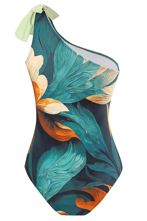 Bow One Shoulder One-piece Swimsuit Ruffle Cover Up Skirt Printed Set