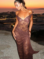 Two-piece Set: Patchwork Off-shoulder Backless Bodysuit With Sheer Lace Slit Maxi Skirt