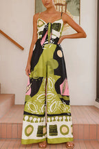 Tie Front Cut Out Wide Leg Printed Cami Jumpsuit
