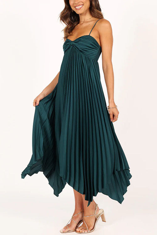 Spaghetti Strap Irregular Hem Pleated Swing Midi Dress