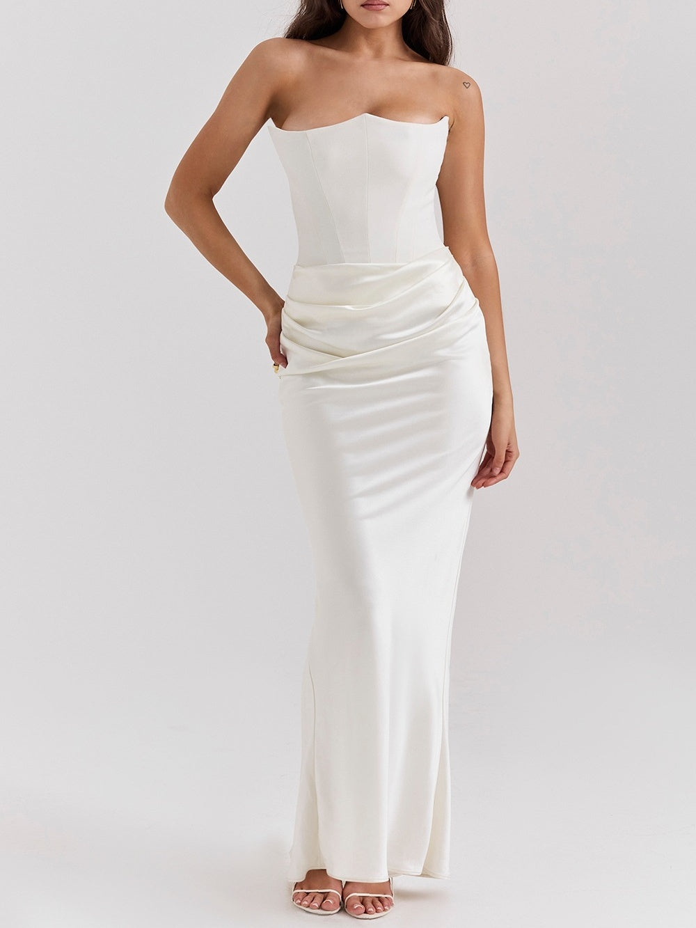Satin Belted Strapless Off-the-shoulder Fishbone Pleated Long Bodycon Dress