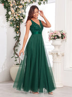 V-neck Embroidery Sequins Elegant Gauze Formal Dress Maxi Dresses