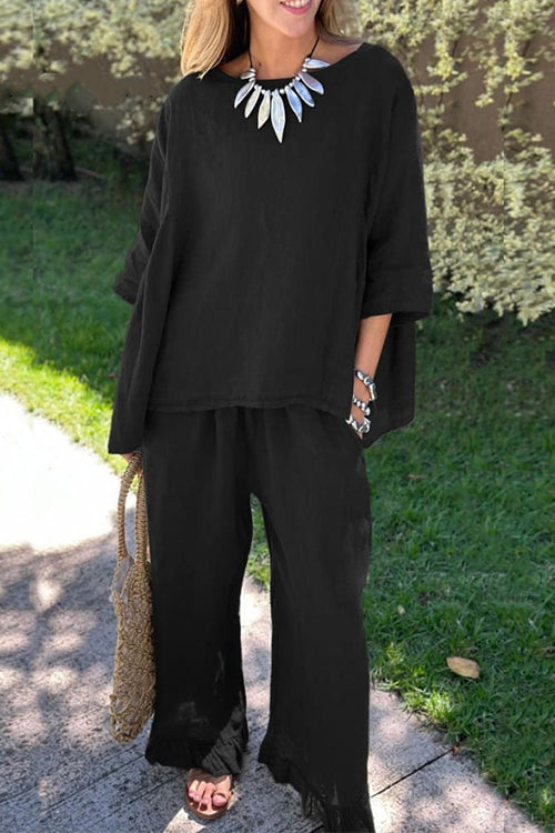 Cotton Linen 3/4 Sleeves Pullover Top Wide Leg Ruffle Hem Pants Set