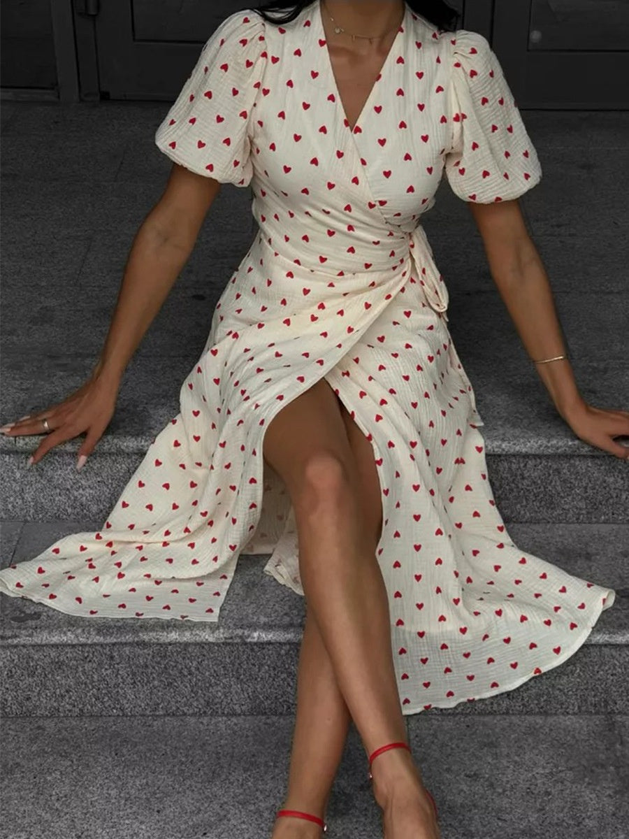 Pure Cotton Bandage Wrap-up Puff Sleeve Printed Comfort Maxi Dresses
