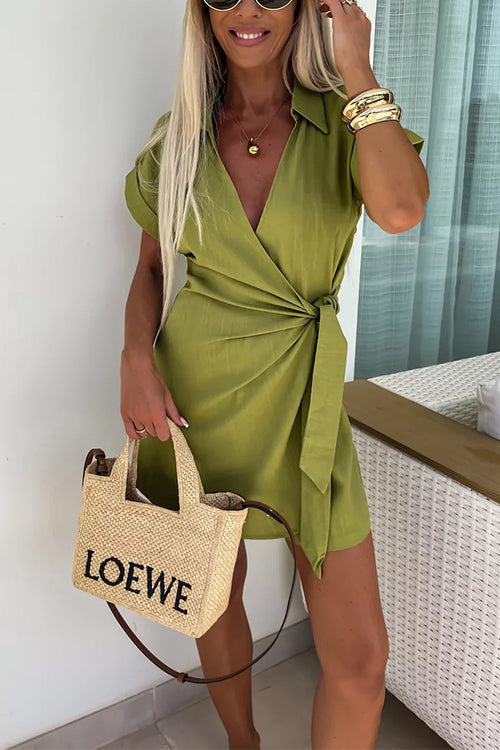 Wrap V Neck Tie Knot Shorts Romper