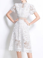 Lace Waist-cinching Hollow-out Midi Dress