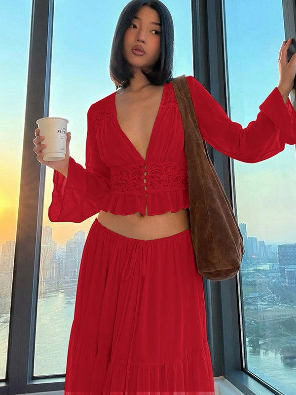 Two-piece Set: Lace Chiffon Cardigan Top, Loose-fitting Sheer Belted Skirt
