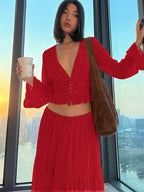 Two-piece Set: Lace Chiffon Cardigan Top, Loose-fitting Sheer Belted Skirt