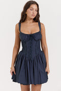 Sweetheart Lace Panel Smocked Side Corset Pleated Lace Hem Mini Dress