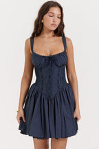 Sweetheart Lace Panel Smocked Side Corset Pleated Lace Hem Mini Dress