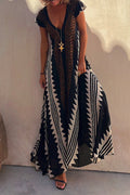 V Neck Short Sleeve Color Block Printed  Maxi Swing Dress