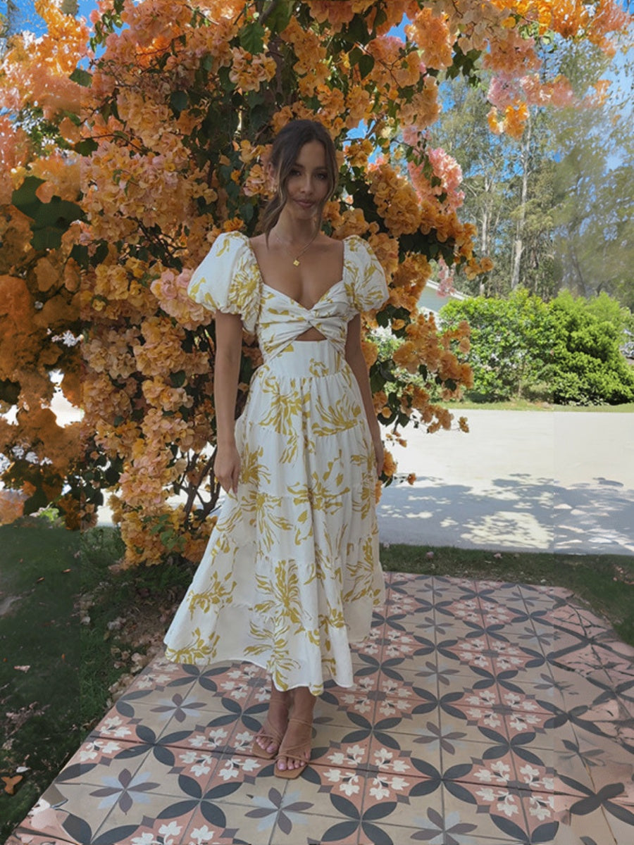 Printed Puff Sleeve Sweetheart Collar Vacation Maxi Dresses