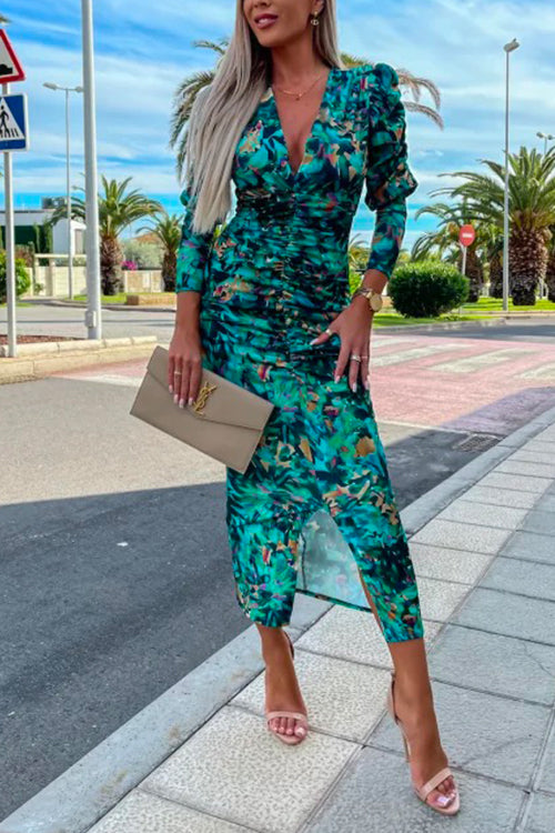 Deep V Neck Long Sleeve Ruched Slit Printed Bodycon Dress