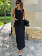 Flax High-waisted Sleeveless Vest Skirts Set 2-piece Sets