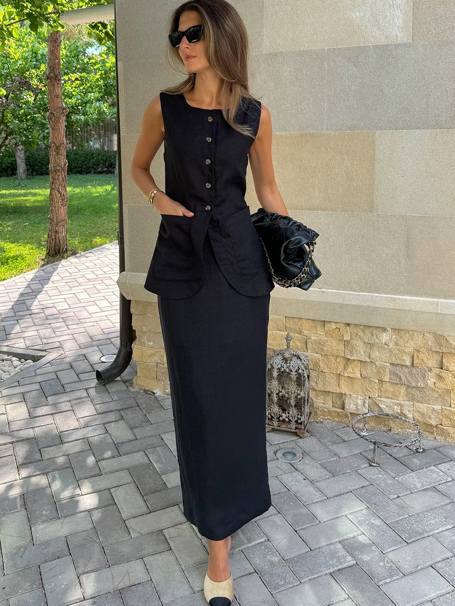 Flax High-waisted Sleeveless Vest Skirts Set 2-piece Sets