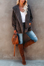 Open Front Hoodied Fuzzy Outwear with Pockets
